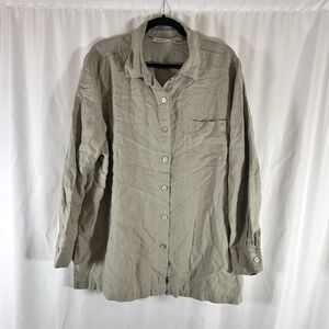 Units 100% Linen Button Up Blouse Women's 2X Green Collared Long Sleeve